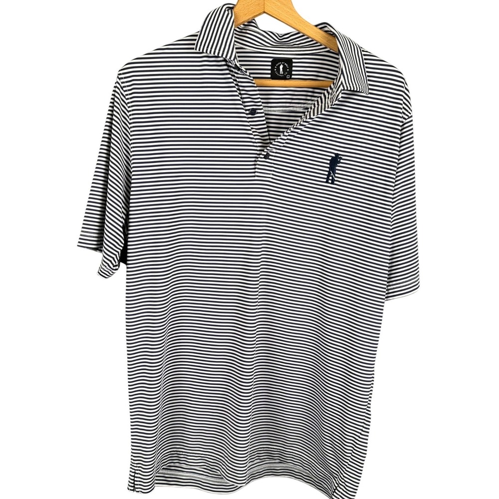 U Suck At Golf Mens Large Striped Performance Polo Shirt Navy White Short Sleeve